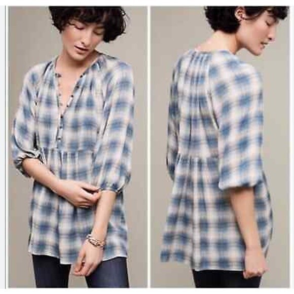 Anthropologie Maeve Blue Cavalon Plaid Peplum Boho Peasant Top Size S - Picture 5 of 15